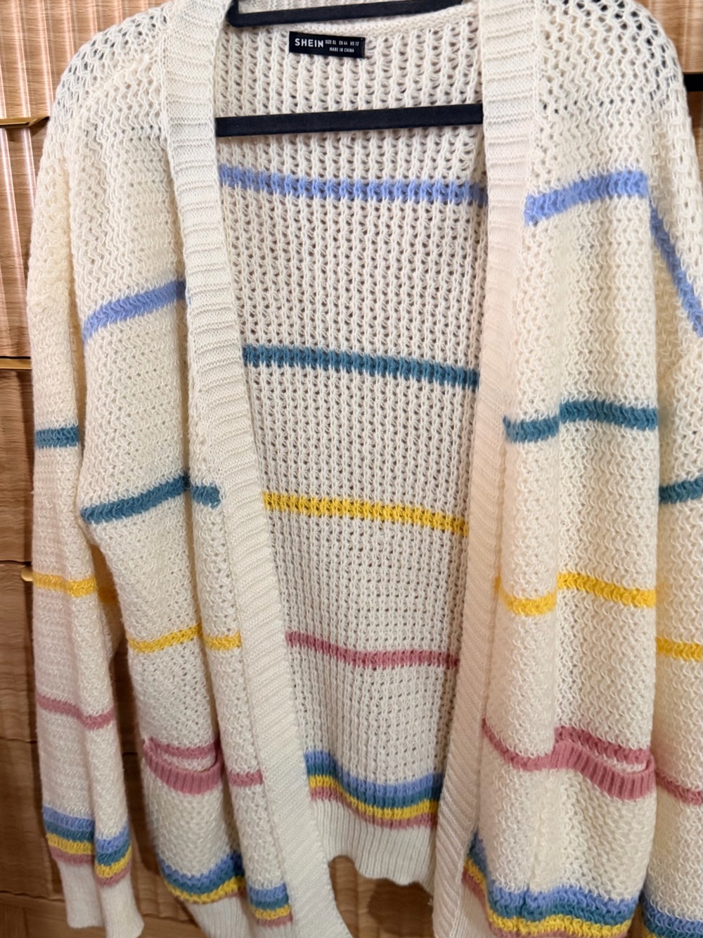 SHEIN Cream Open-Front Knit Cardigan with Multicolor Stripes